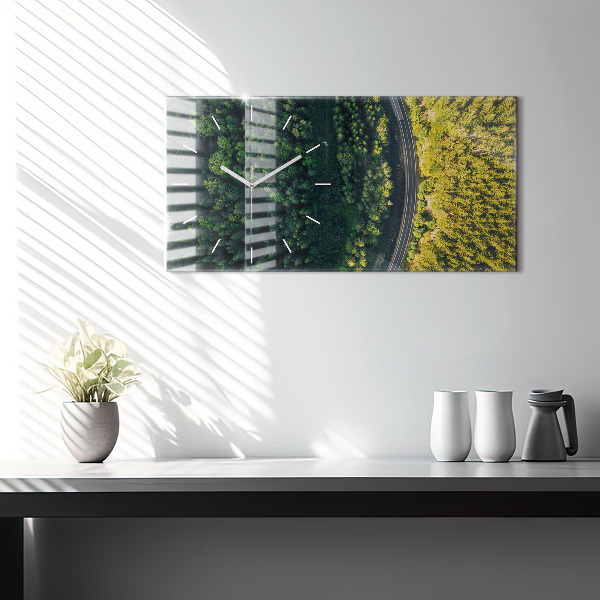 Horizontální skleněné hodiny na stěnu Les z ptačí perspektivy