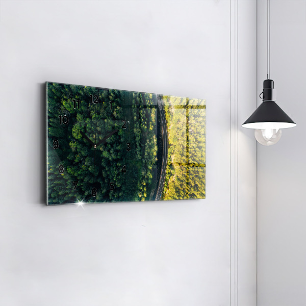 Horizontální skleněné hodiny na stěnu Les z ptačí perspektivy