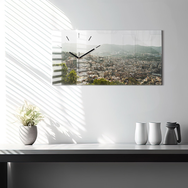 Horizontální skleněné hodiny na stěnu Pohled na Montjuic v Barceloně