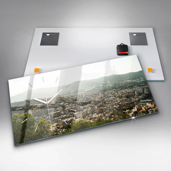 Horizontální skleněné hodiny na stěnu Pohled na Montjuic v Barceloně