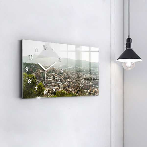 Horizontální skleněné hodiny na stěnu Pohled na Montjuic v Barceloně