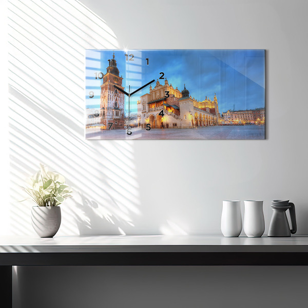 Horizontální hodiny na skle Hlavní náměstí v Krakově