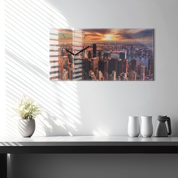 Horizontální skleněné hodiny na stěnu Panorama města na západ