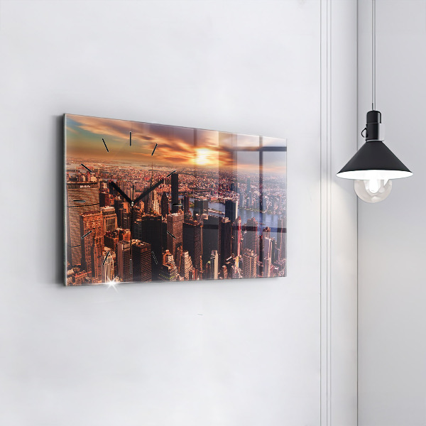 Horizontální skleněné hodiny na stěnu Panorama města na západ