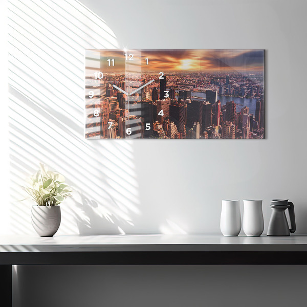 Horizontální skleněné hodiny na stěnu Panorama města na západ