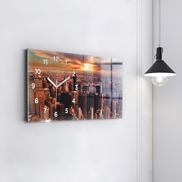 Horizontální skleněné hodiny na stěnu Panorama města na západ