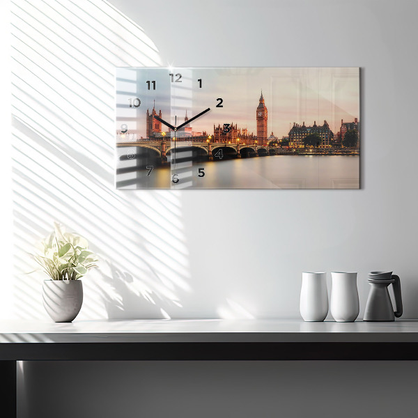 Horizontální skleněné hodiny na stěnu Big Ben londýnské panorama