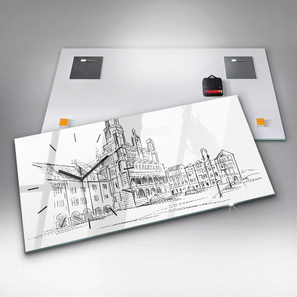 Horizontální skleněné hodiny na stěnu Skica starého města Poznaně