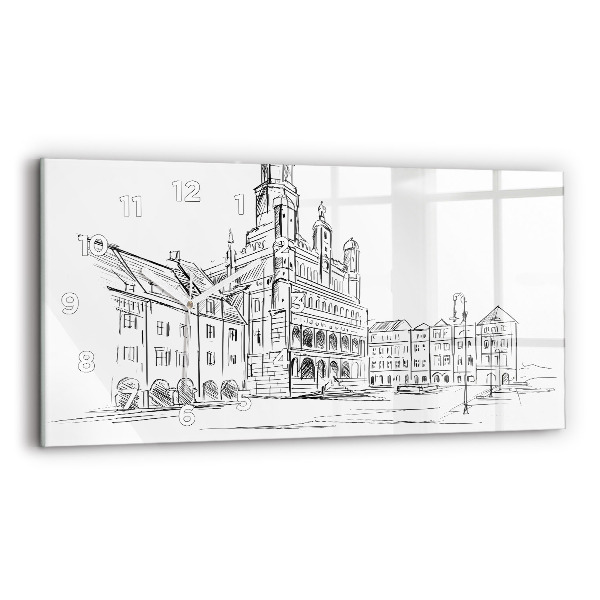 Horizontální skleněné hodiny na stěnu Skica starého města Poznaně