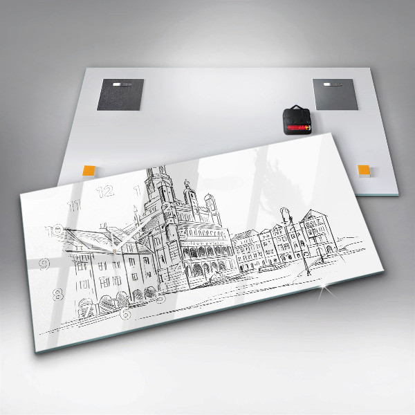 Horizontální skleněné hodiny na stěnu Skica starého města Poznaně