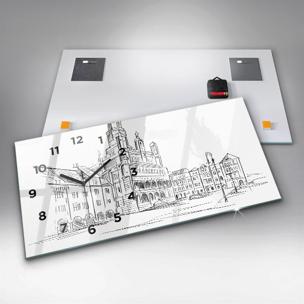 Horizontální skleněné hodiny na stěnu Skica starého města Poznaně