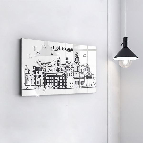 Horizontální hodiny na skle Lodžské architektonické panorama