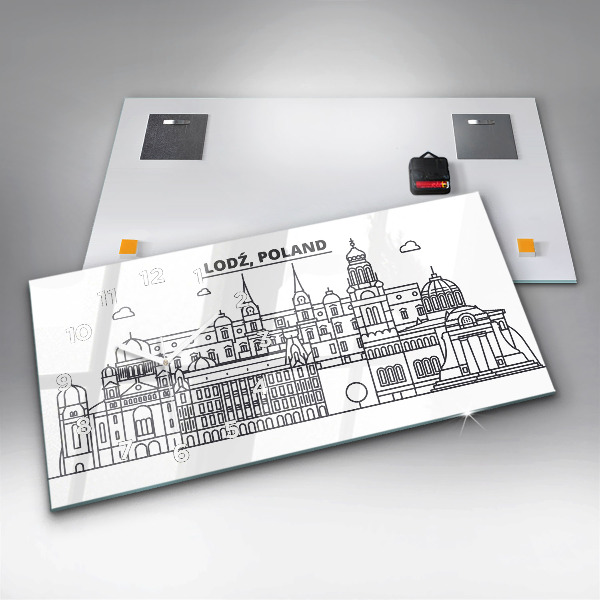 Horizontální hodiny na skle Lodžské architektonické panorama