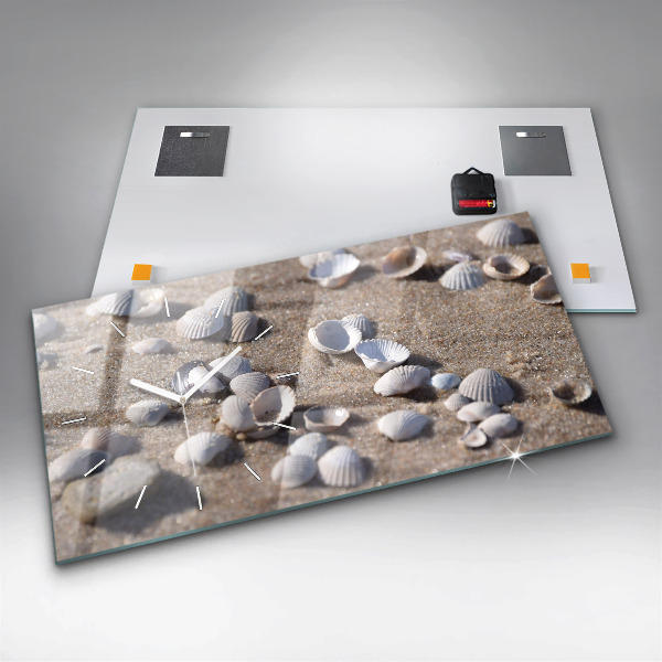 Horizontální hodiny na skle Mušle na pláži