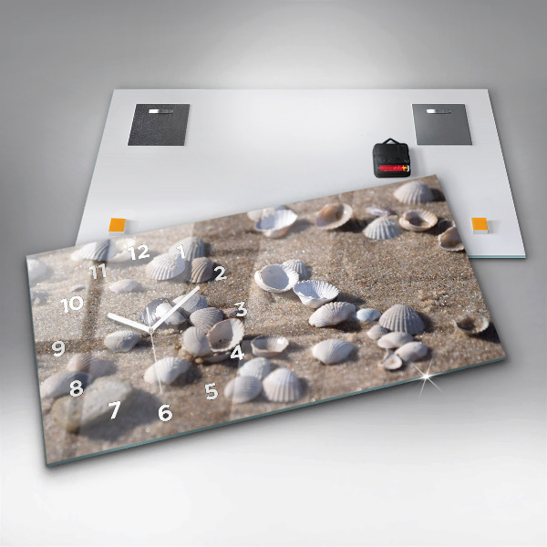 Horizontální hodiny na skle Mušle na pláži