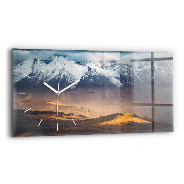 Horizontální skleněné hodiny na stěnu Tatry v zimním panoramatu