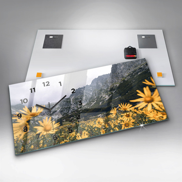 Horizontální skleněné hodiny na stěnu Květinová louka v horách