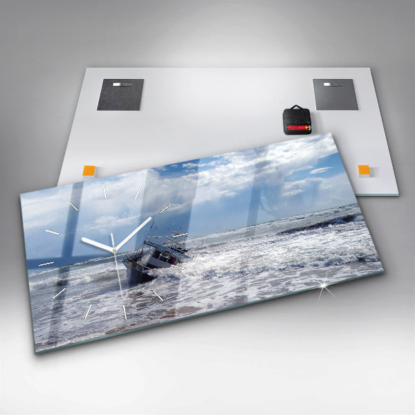 Horizontální skleněné hodiny na stěnu Potopené vodní plavidlo