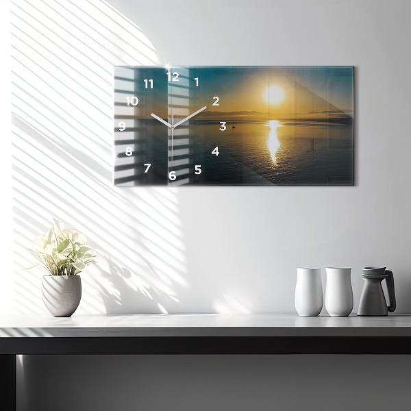 Horizontální skleněné hodiny na stěnu Krajina při východu slunce