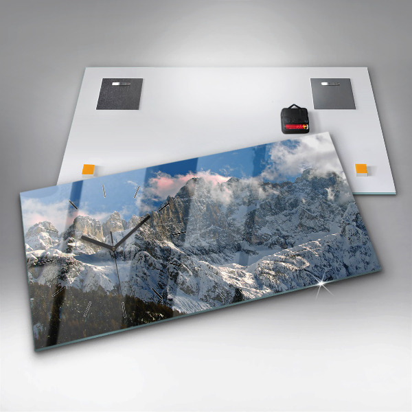 Horizontální skleněné hodiny na stěnu Hory pod modrou oblohou