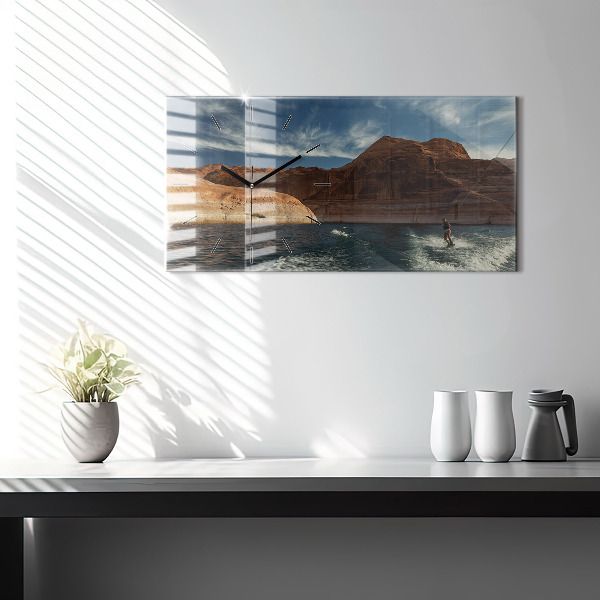 Horizontální skleněné hodiny na stěnu Osoba na vodních lyžích