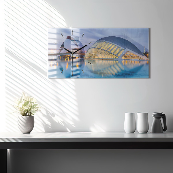 Horizontální skleněné hodiny na stěnu Západ slunce ve městě