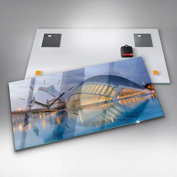 Horizontální skleněné hodiny na stěnu Západ slunce ve městě