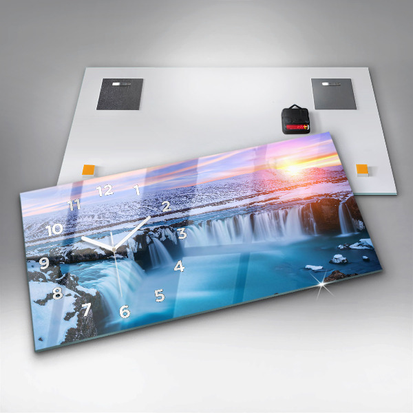 Horizontální hodiny na skle Vodopád Godafoss Island