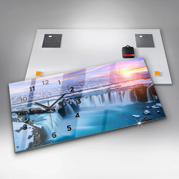 Horizontální hodiny na skle Vodopád Godafoss Island