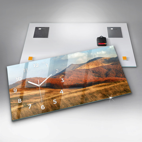 Horizontální skleněné hodiny na stěnu Horská krajina na podzim
