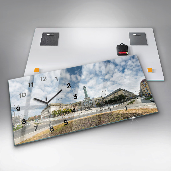 Horizontální skleněné hodiny na stěnu Panorama Ostravy