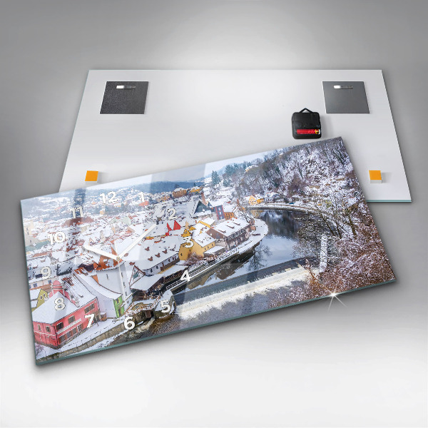 Horizontální hodiny na skle Panorama města v zimě