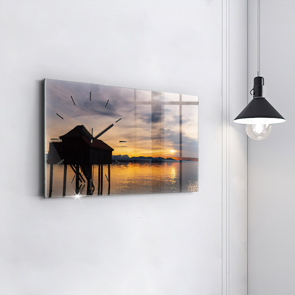 Horizontální skleněné hodiny na stěnu Západ slunce nad jezerem