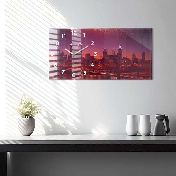 Horizontální skleněné hodiny na stěnu Noční město ve Filadelfii