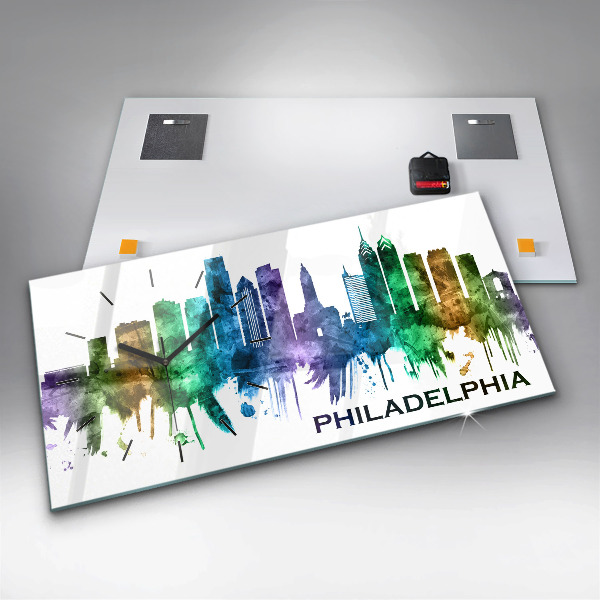 Horizontální skleněné hodiny na stěnu Barevná Filadelfie