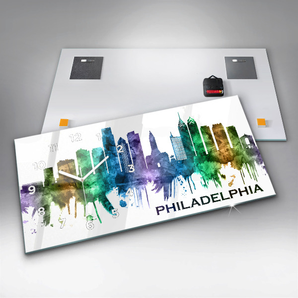 Horizontální skleněné hodiny na stěnu Barevná Filadelfie