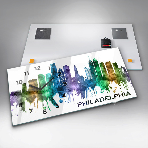Horizontální skleněné hodiny na stěnu Barevná Filadelfie