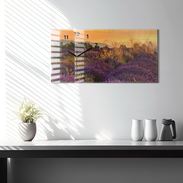 Horizontální skleněné hodiny na stěnu Levandulová louka Francie