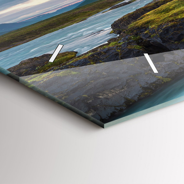 Horizontální hodiny na skle Krajina s vodopádem