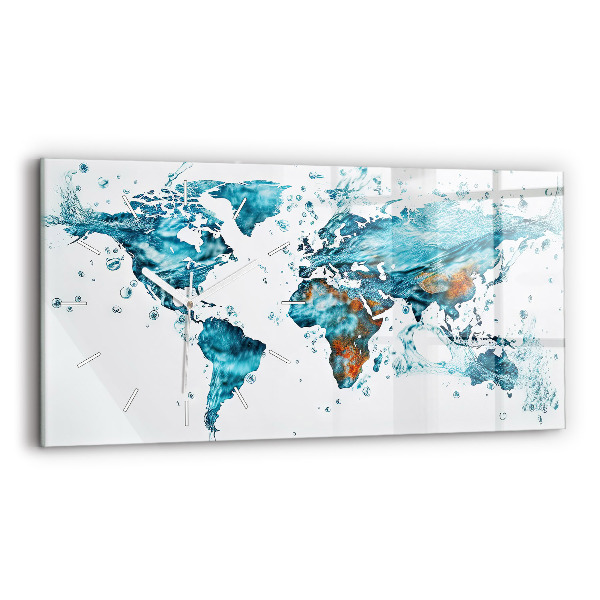 Horizontální skleněné hodiny na stěnu Akvarelová mapa světa