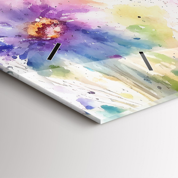 Horizontální skleněné hodiny na stěnu Malované květiny