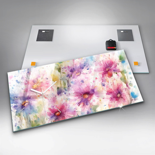 Horizontální skleněné hodiny na stěnu Malované květiny