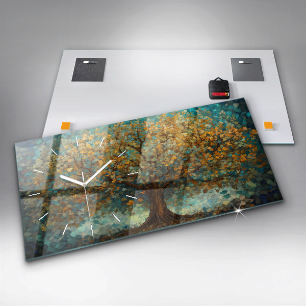 Horizontální skleněné hodiny na stěnu Mozaikový strom