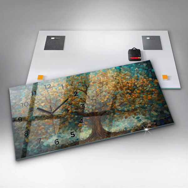 Horizontální skleněné hodiny na stěnu Mozaikový strom