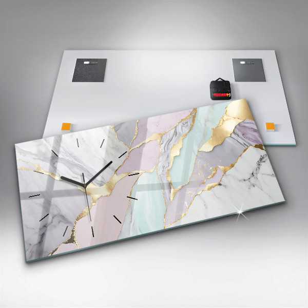 Horizontální skleněné hodiny na stěnu Mramorový vzor
