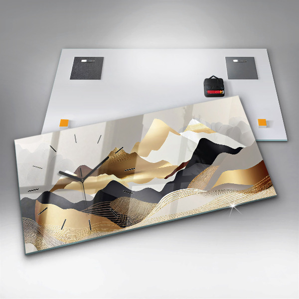 Horizontální skleněné hodiny na stěnu Abstraktní zlaté hory