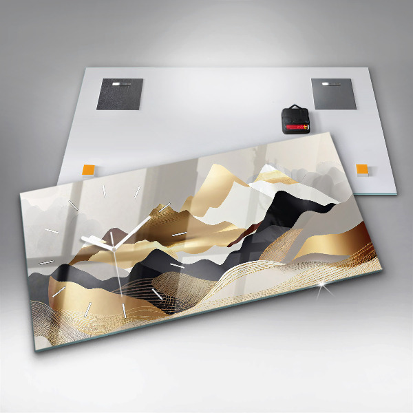 Horizontální skleněné hodiny na stěnu Abstraktní zlaté hory