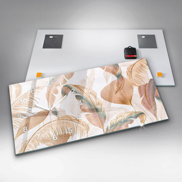 Horizontální skleněné hodiny na stěnu Příroda se vzorem listů