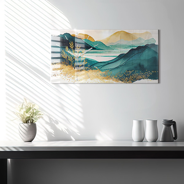 Horizontální skleněné hodiny na stěnu Horská krajina