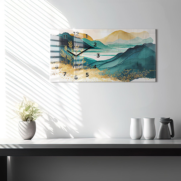 Horizontální skleněné hodiny na stěnu Horská krajina